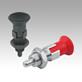 Indexing plungers, steel or stainless steel, with plastic mushroom grip, extended indexing pin, locking slot and locknut