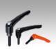 Clamping levers, die-cast zinc with external thread and protective cap, threaded pin black oxidised steel
