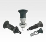 Indexing plungers, steel or stainless steel with plastic mushroom grip and extended indexing pin