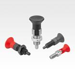 Indexing plungers, steel or stainless steel with plastic mushroom grip and extended indexing pin