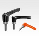 Clamping levers, die-cast zinc, flat with external thread, threaded pin stainless steel