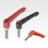 Clamping levers with push button, external thread, metal parts stainless steel