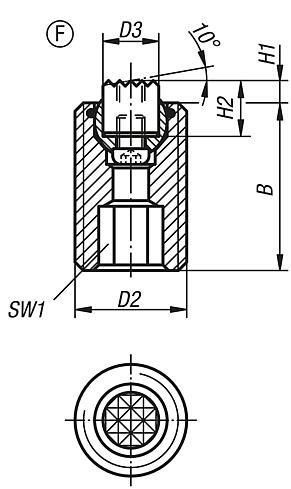 Pendelauflagen verstellbar, mit O-Ring, auswechselbaren Einsätzen und Innensechskant, Form F, Gripper abgeflacht, mit Riffelung