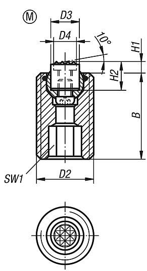 Pendelauflagen verstellbar, mit O-Ring, auswechselbaren Einsätzen und Innensechskant, Form M, Gripper abgeflacht, mit Riffelung aus Hartmetall