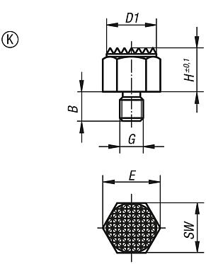 Positionsfüße mit Außengewinde und Riffelfläche Hartmetall, Form K