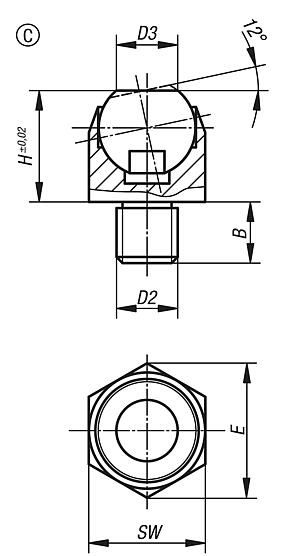 Pendelauflagen, Neigungswinkel 12°, Form C mit Außengewinde, Kugel abgeflacht, plan