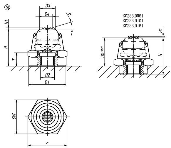 Pendelauflagen, Neigungswinkel 14° und 20°, Form M, Kugel abgeflacht, mit Riffelung aus Hartmetall