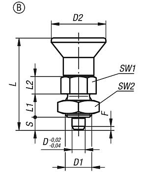 Indexing plungers, stainless steel, short version with stainless steel mushroom grip and locknut