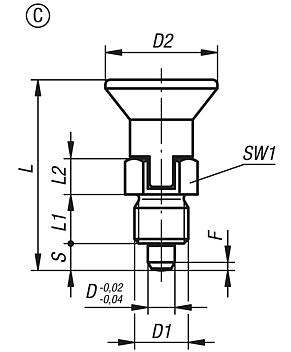 Indexing plungers, stainless steel, short version with stainless steel mushroom grip and locking slot