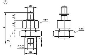 Indexing plungers, steel or stainless steel, short version, with threaded pin, Form F with lockut