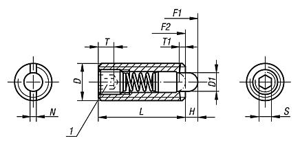 Federnde Druckstücke 
mit Innensechskant und Druckstift, verstärkte Federkraft