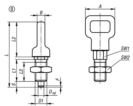 Arretierbolzen Stahl oder Edelstahl, mit Kunststoff-Ösengriff, Form B