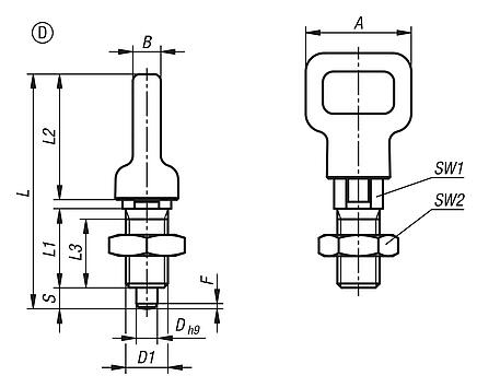 Arretierbolzen Stahl oder Edelstahl, mit Kunststoff-Ösengriff, Form D