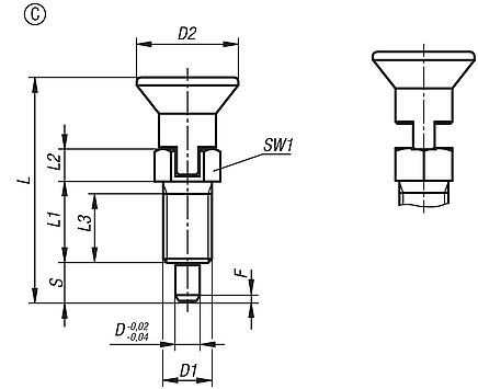 Indexing plungers, stainless steel with stainless steel mushroom grip, extended indexing pin and locking slot