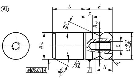 Locating pins with ball end Form A, internal thread one side in blind hole