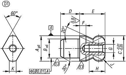 Locating pins with flattened ball end Form D, internal thread one side in blind hole
