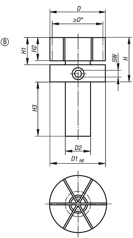 Spanndorne mit seitlicher Klemmung, Form B mit Einspannzapfen für Drehmaschinen