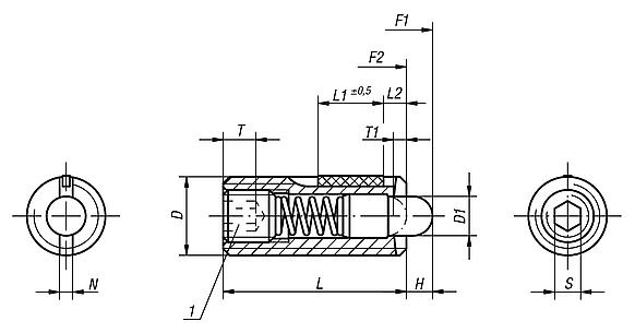 Federnde Druckstücke mit Innensechskant und Druckstift, Stahl, mit Gewindesicherung