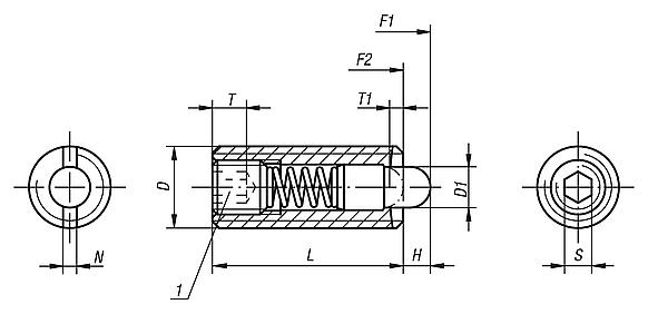 Spring plungers with hexagon socket and POM thrust pin, standard spring force