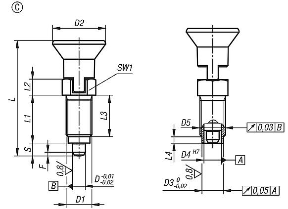 Premium - Arretierbolzen Stahl oder Edelstahl mit Kunststoff-Pilzgriff, zylindrischem Arretierstift und Rastnut