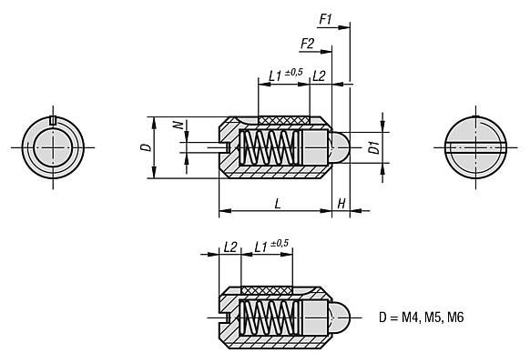 Federnde Druckstücke mit Schlitz und Druckstift, Standard Federkraft, mit Gewindesicherung