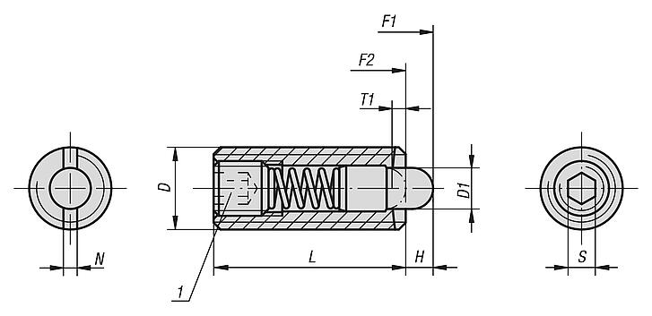 Federnde Druckstücke mit Innensechskant und Druckstift aus POM, Stahl