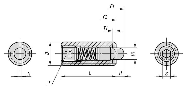 Federnde Druckstücke mit Innensechskant und Druckstift, Edelstahl