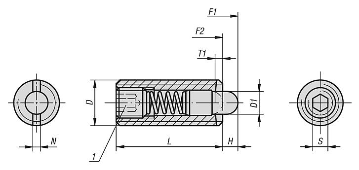 Federnde Druckstücke mit Innensechskant und Druckstift aus POM, Edelstahl