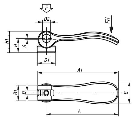 Cam levers, stainless steel with internal thread, plastic thrust washer