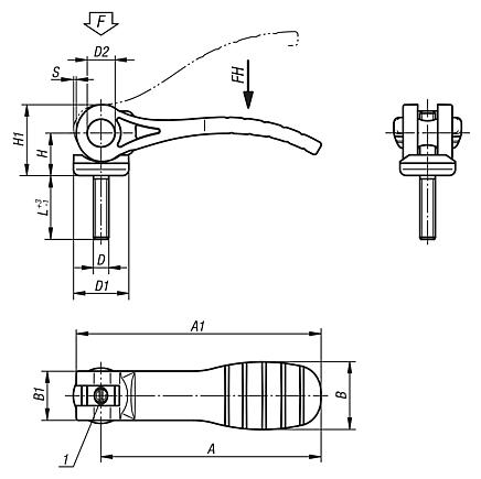 Cam levers, plastic, adjustable with external thread, plastic thrust washer and steel or stainless steel stud