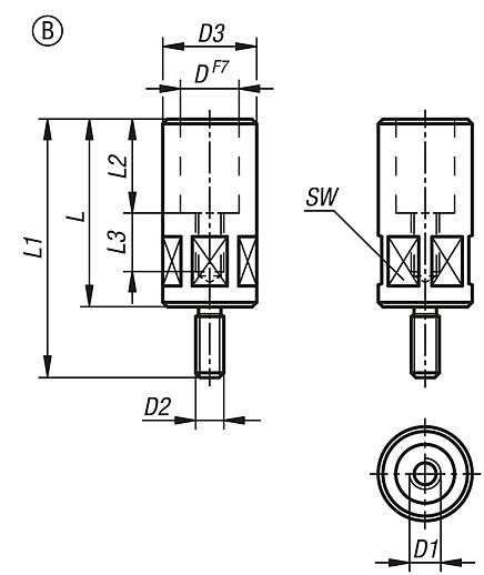 Spannhakenaufnahmen, Form B, mit Sechskant