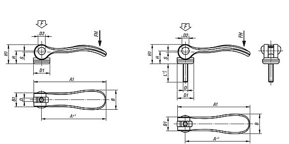 Exzenterhebel Stahl mit Innengewinde und Außengewinde, Kunststoffdruckscheibe und Stiftschraube Stahl