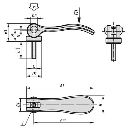 Cam levers, stainless steel, adjustable with external thread, plastic thrust washer and stainless steel stud