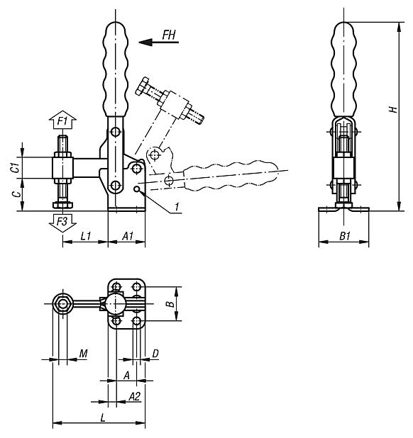 Toggle clamps vertical with flat foot and fixed clamping spindle
