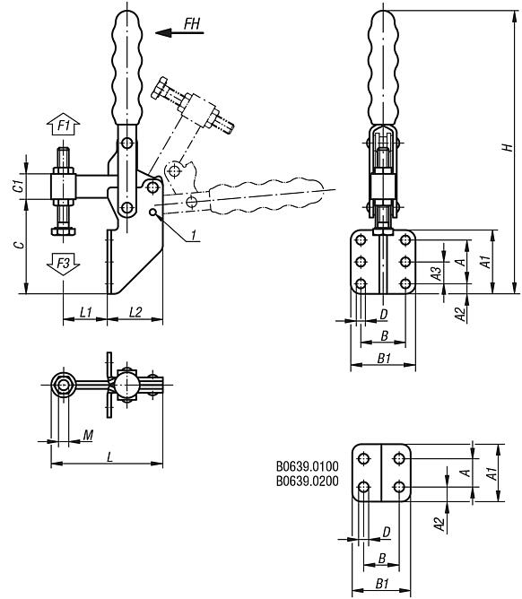 Toggle clamps vertical with angled foot and fixed clamping spindle