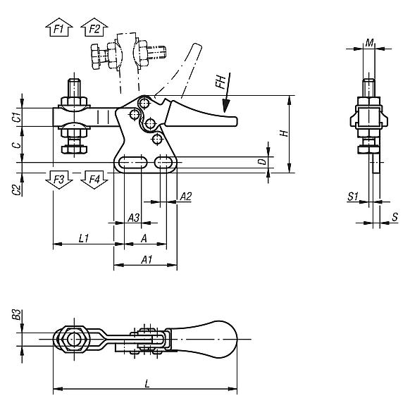 Toggle clamps mini horizontal with straight foot and adjustable clamping spindle