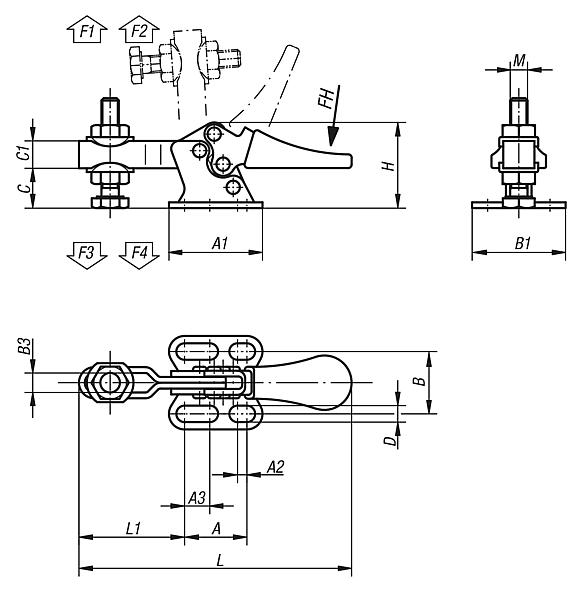 Minischnellspanner horizontal mit waagrechtem Fuß und verstellbarer Andruckspindel