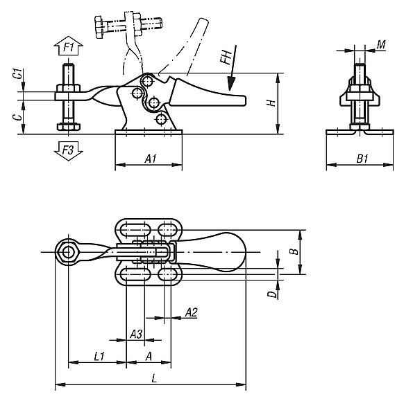 Minischnellspanner horizontal mit waagrechtem Fuß und fester Andruckspindel