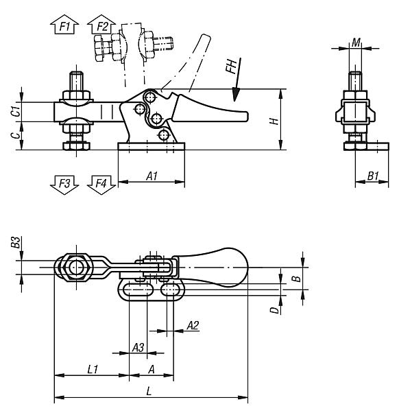 Minischnellspanner horizontal mit waagrechtem Fuß links und verstellbarer Andruckspindel