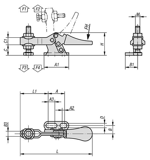 Toggle clamps mini horizontal with flat right foot and adjustable clamping spindle