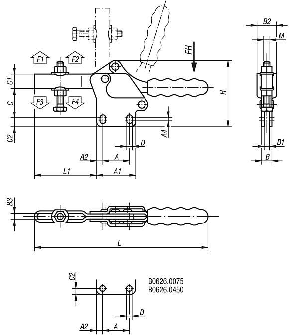 Schnellspanner horizontal mit senkrechtem Fuß und verstellbarer Andruckspindel