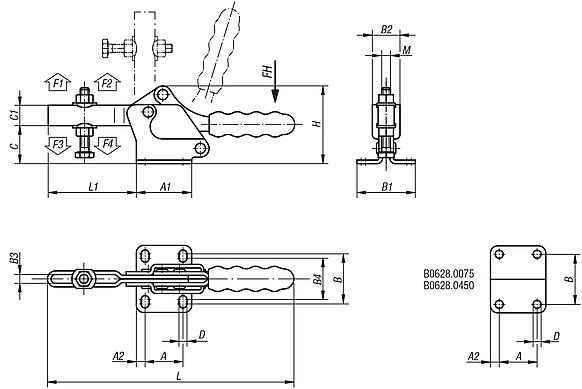 Schnellspanner horizontal mit waagrechtem Fuß und verstellbarer Andruckspindel