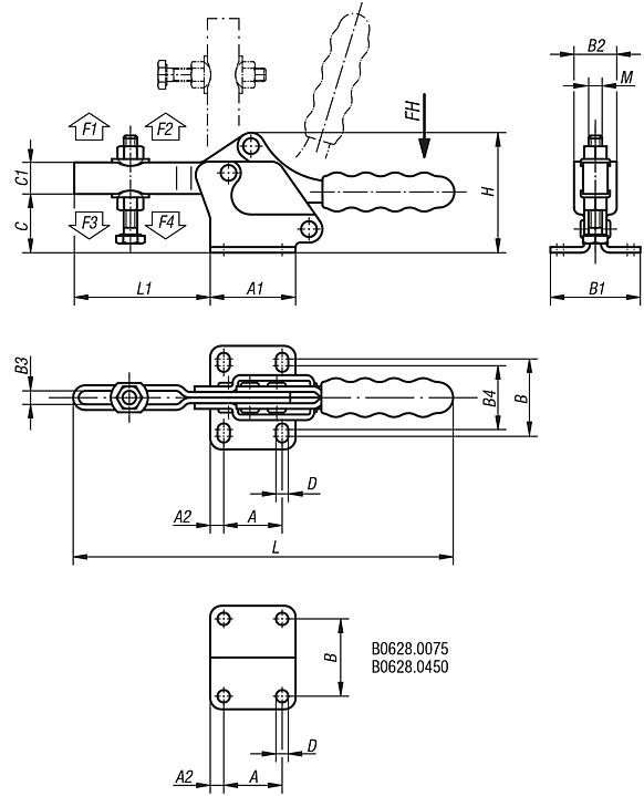 Toggle clamps horizontal with flat foot and adjustable clamping spindle