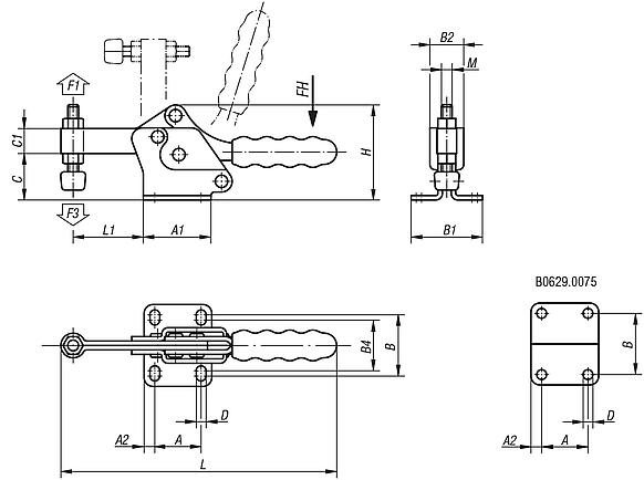 Schnellspanner horizontal mit waagrechtem Fuß und fester Andruckspindel