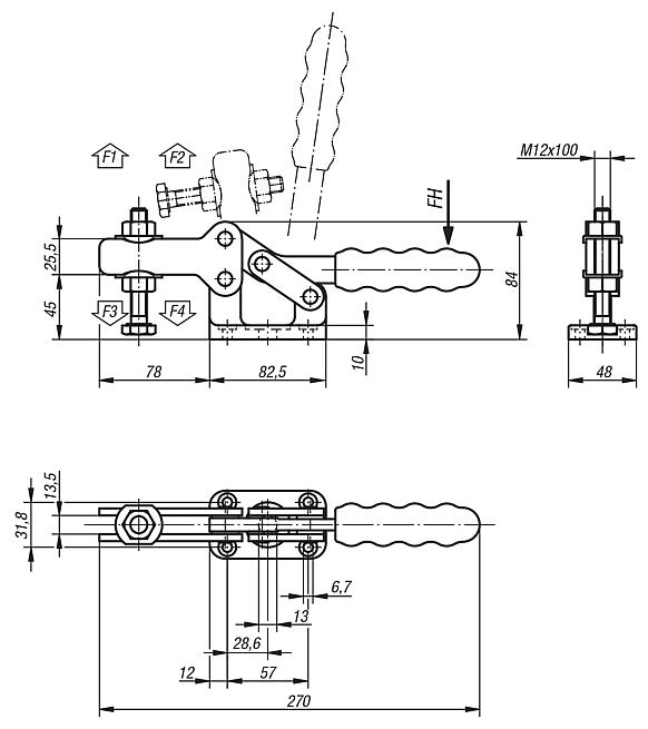 Toggle clamps horizontal heavy-duty with adjustable clamping spindle