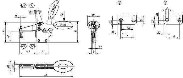 Toggle clamps horizontal with straight foot and adjustable clamping spindle, stainless steel