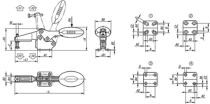 Schnellspanner horizontal mit waagrechtem Fuß und verstellbarer Andruckspindel