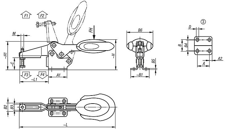 Schnellspanner horizontal mit Sicherheitsverriegelung mit waagrechtem Fuß und verstellbarer Andruckspindel, Edelstahl