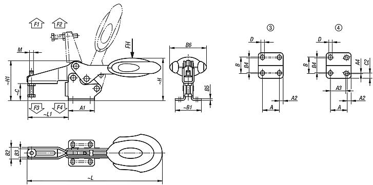 Schnellspanner horizontal mit Sicherheitsverriegelung mit waagrechtem Fuß und verstellbarer Andruckspindel