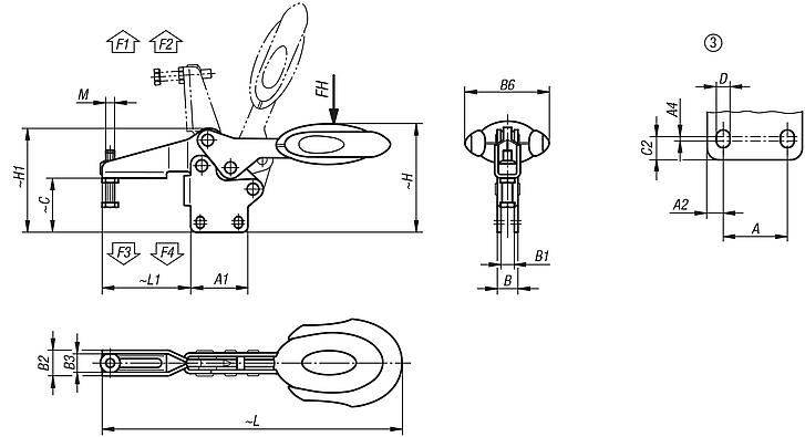 Schnellspanner horizontal mit Sicherheitsverriegelung mit senkrechtem Fuß und verstellbarer Andruckspindel, Edelstahl